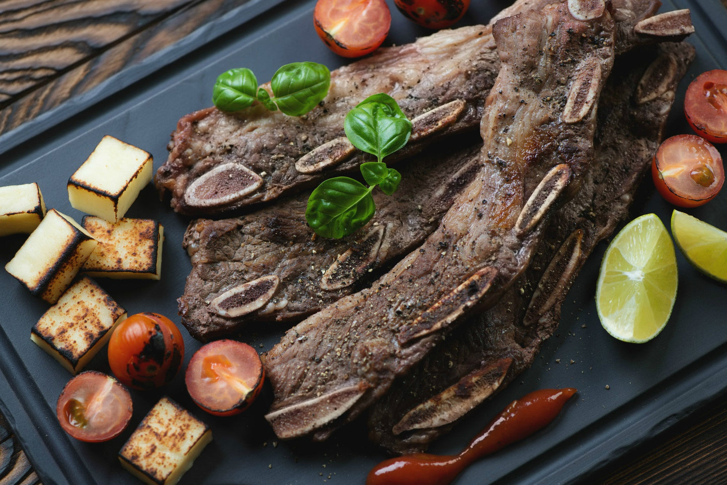 Korean short ribs with tomatoes and basil