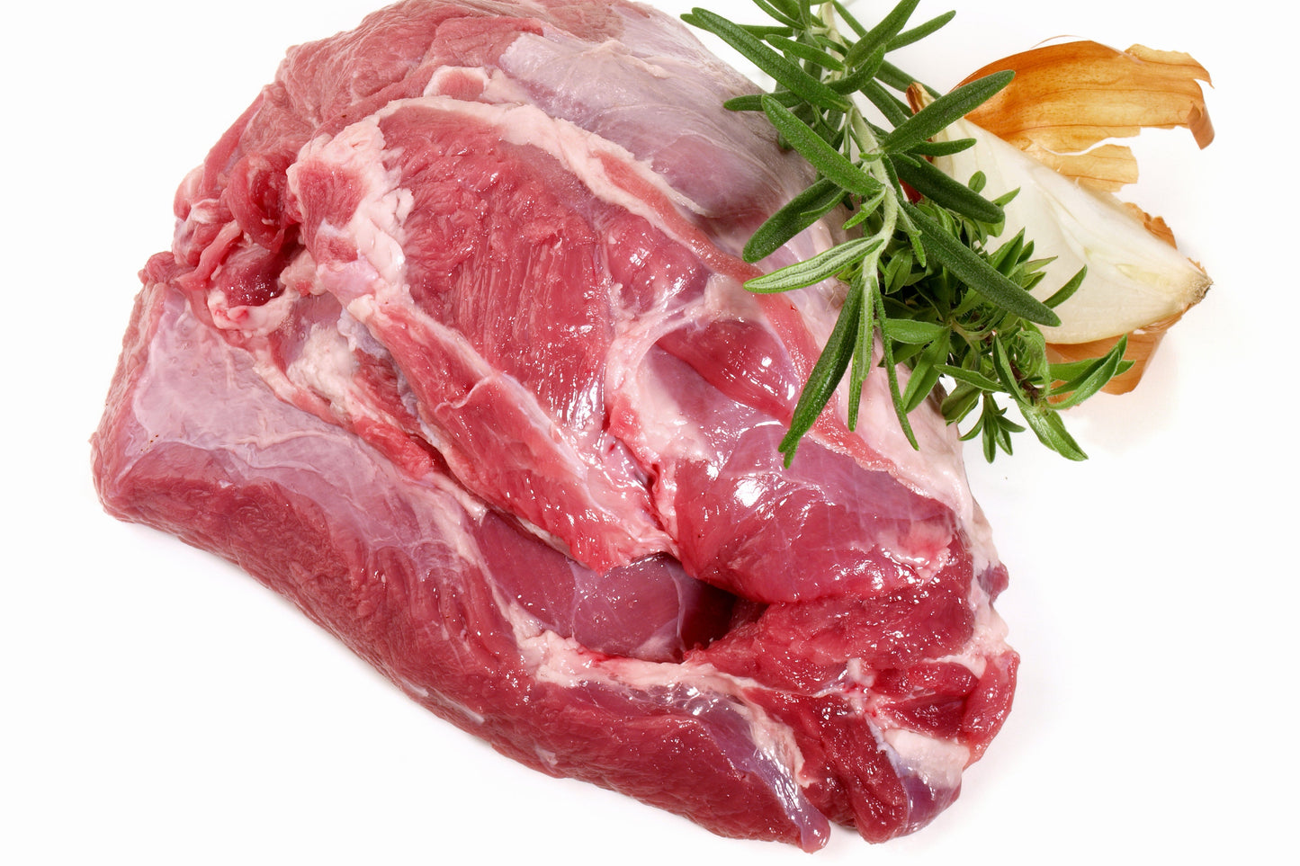 Raw lamb leg with rosemary and onion