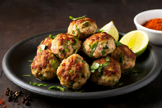 Platter of kofta meatballs with lime wedges on a dark surface